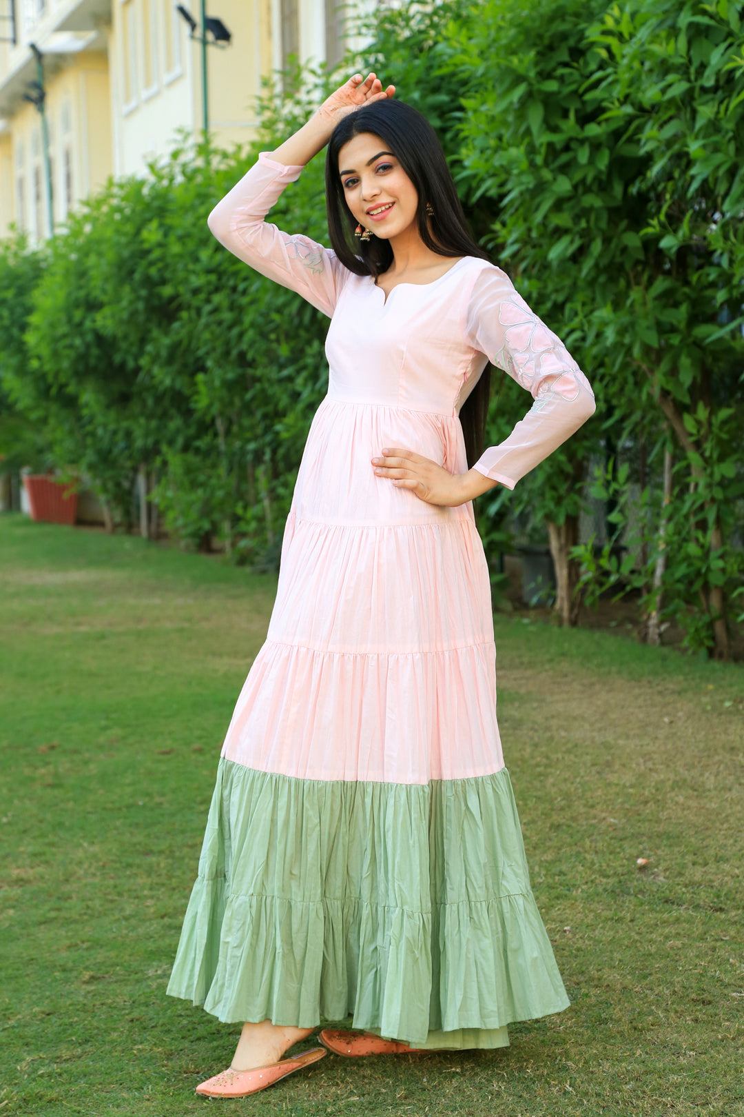 Baby Pink With Eye Soothing Green layered Dress - Indianvirasat