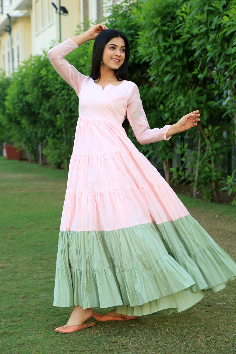Baby Pink With Eye Soothing Green layered Dress