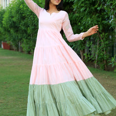 Baby Pink With Eye Soothing Green layered Dress