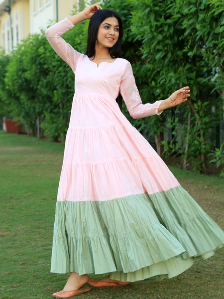 Baby Pink With Eye Soothing Green layered Dress