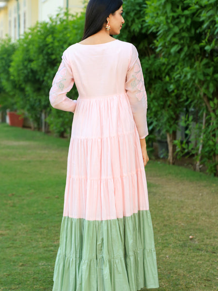 Baby Pink With Eye Soothing Green layered Dress