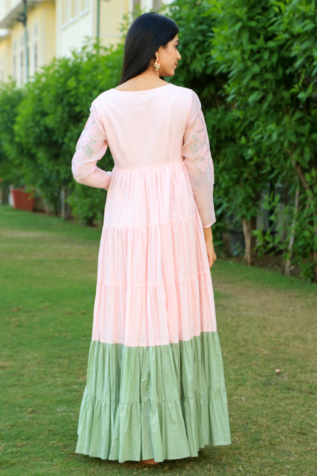 Baby Pink With Eye Soothing Green layered Dress - Indianvirasat