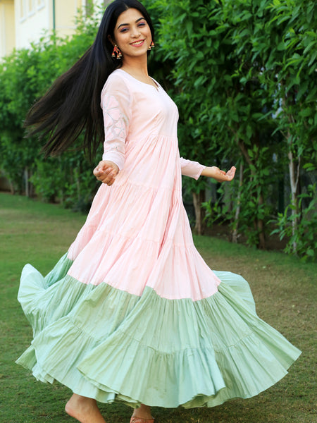 Baby Pink With Eye Soothing Green layered Dress