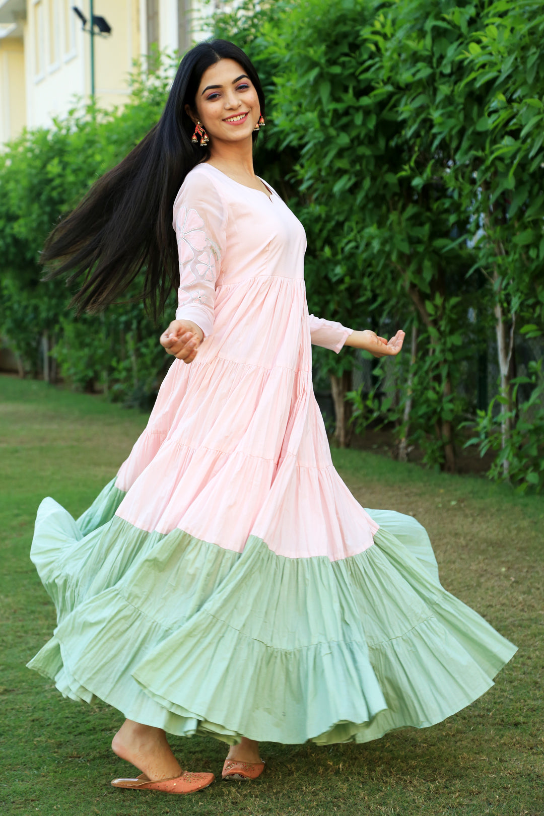 Baby Pink With Eye Soothing Green layered Dress - Indianvirasat