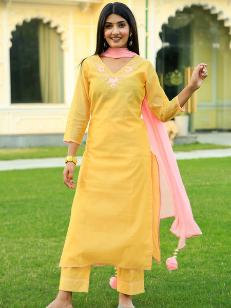 Corn Yellow Embroidered Suit Set with Dupatta