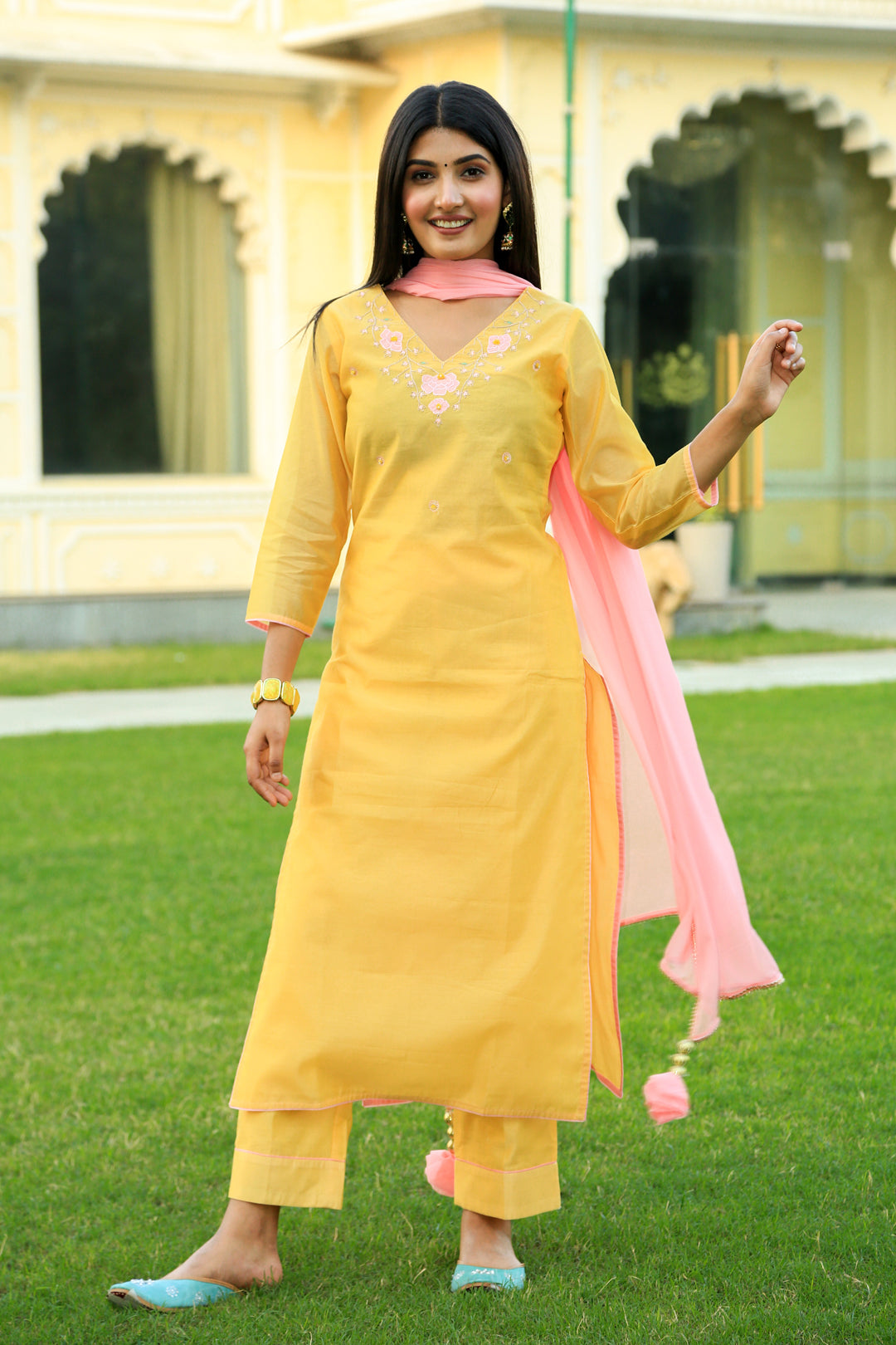 Corn Yellow Embroidered Suit Set with Dupatta - Indianvirasat