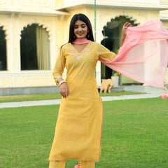 Corn Yellow Embroidered Suit Set with Dupatta