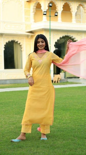 Corn Yellow Embroidered Suit Set with Dupatta - Indianvirasat