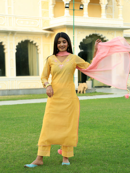 Corn Yellow Embroidered Suit Set with Dupatta