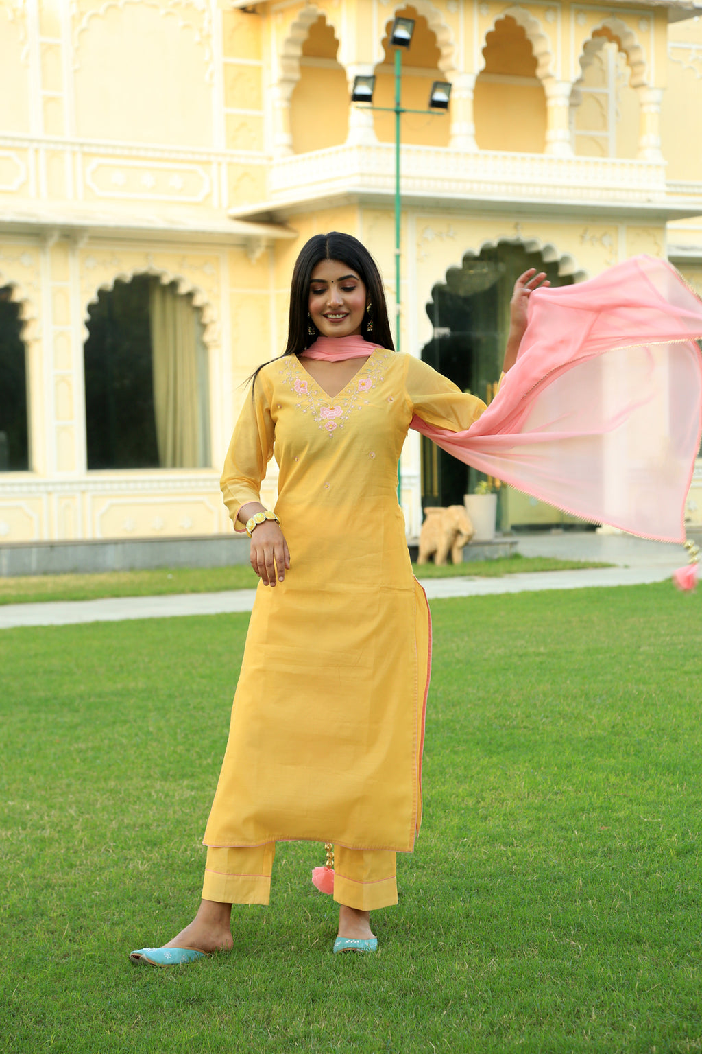 Corn Yellow Embroidered Suit Set with Dupatta - Indianvirasat