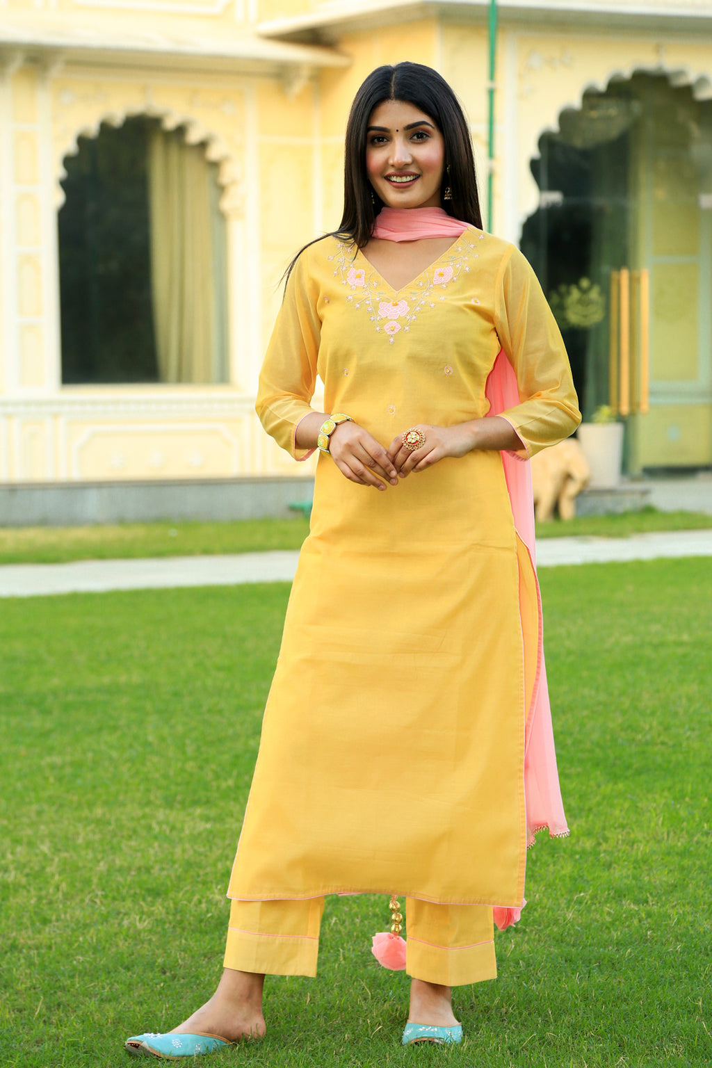 Corn Yellow Embroidered Suit Set with Dupatta - Indianvirasat