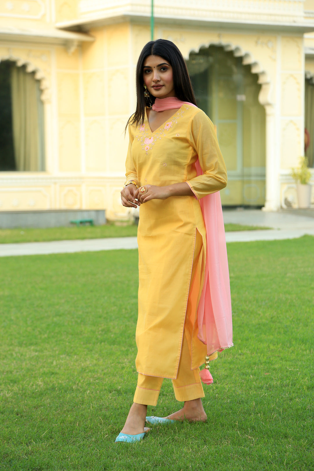 Corn Yellow Embroidered Suit Set with Dupatta - Indianvirasat