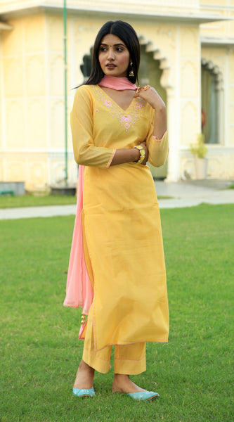 Corn Yellow Embroidered Suit Set with Dupatta - Indianvirasat
