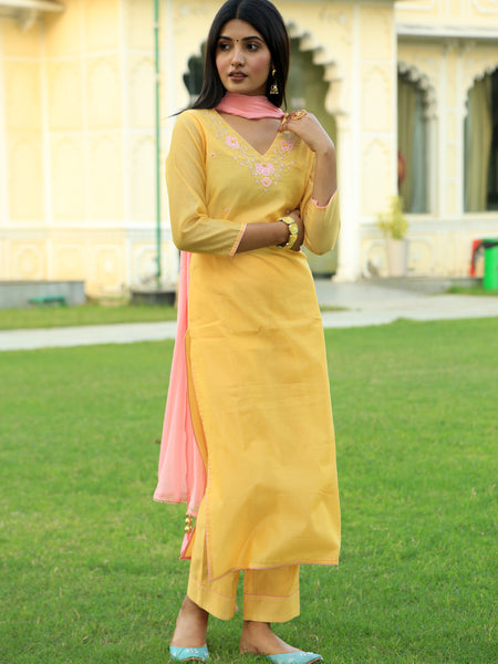 Corn Yellow Embroidered Suit Set with Dupatta