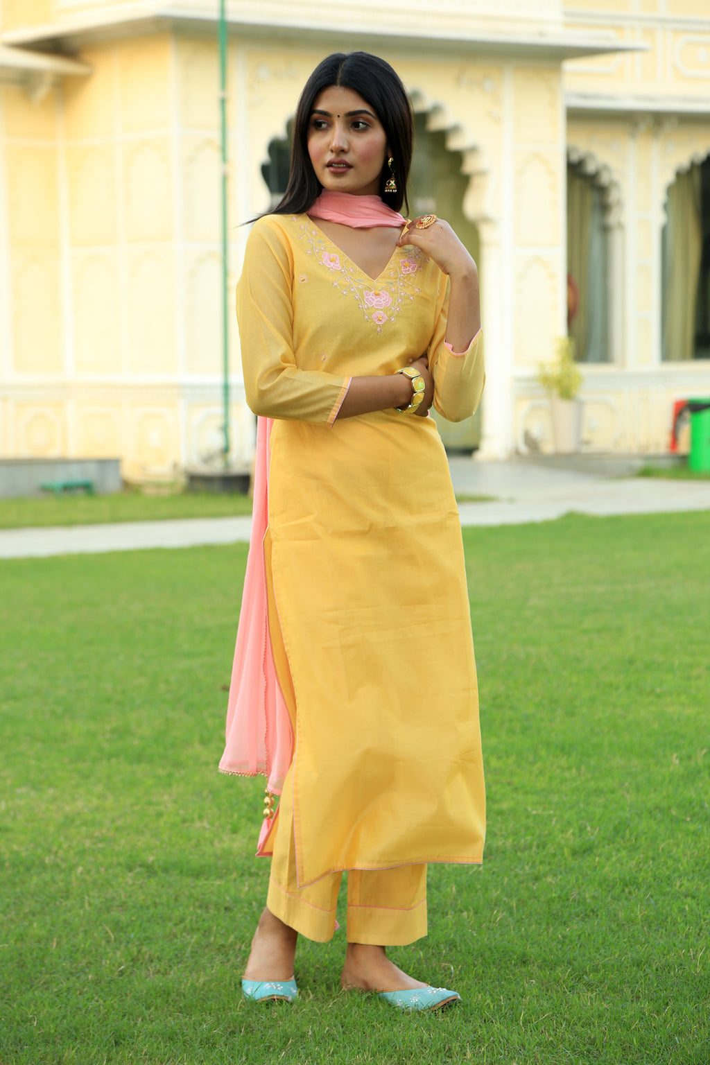 Corn Yellow Embroidered Suit Set with Dupatta - Indianvirasat