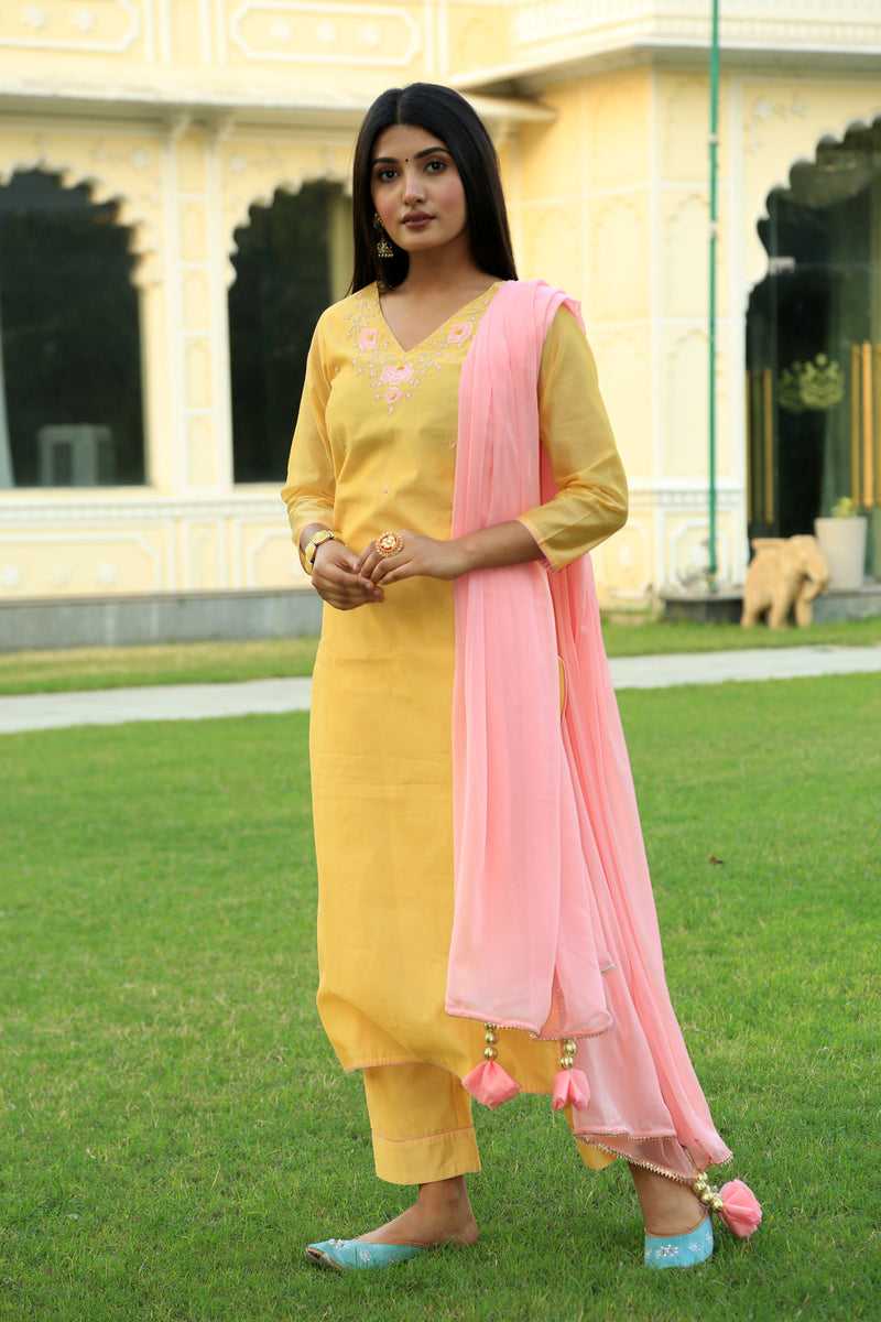 Corn Yellow Embroidered Suit Set with Dupatta