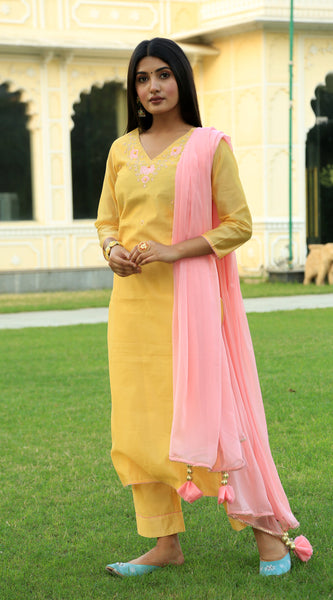 Corn Yellow Embroidered Suit Set with Dupatta - Indianvirasat