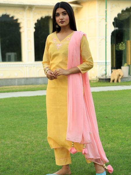 Corn Yellow Embroidered Suit Set with Dupatta
