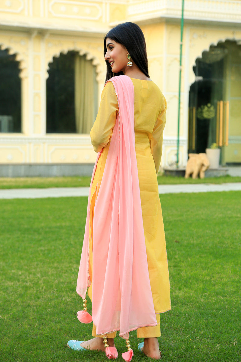 Corn Yellow Embroidered Suit Set with Dupatta