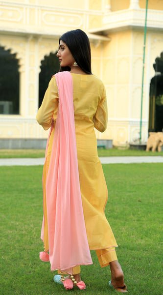Corn Yellow Embroidered Suit Set with Dupatta - Indianvirasat