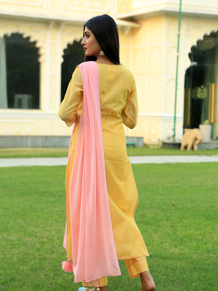 Corn Yellow Embroidered Suit Set with Dupatta