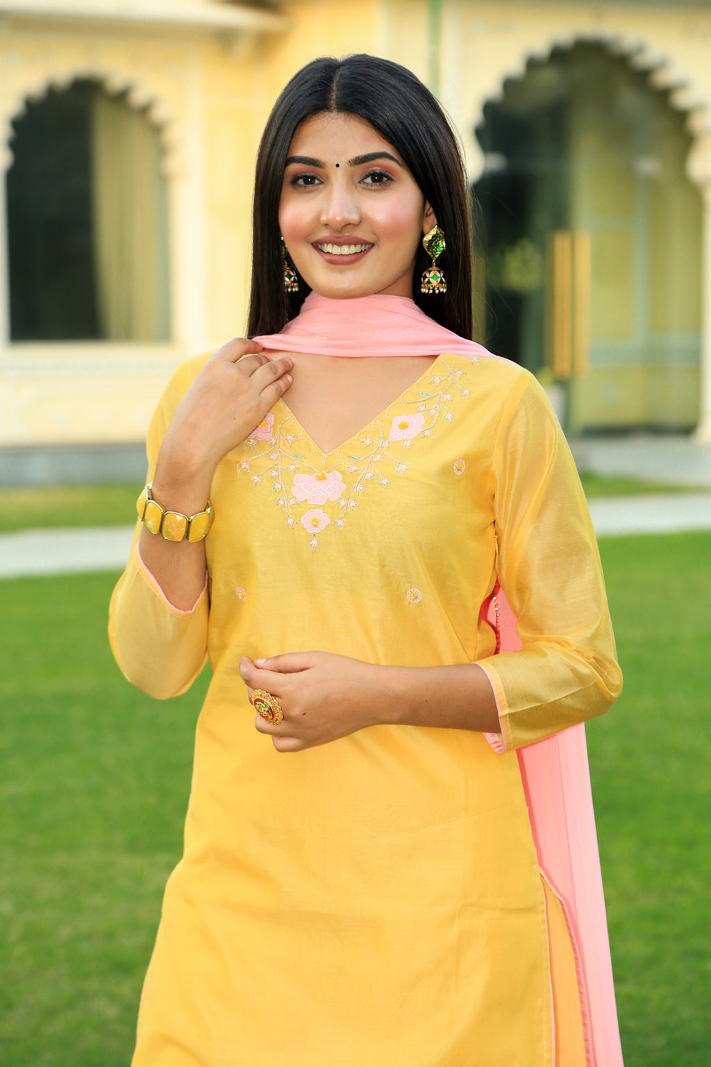 Corn Yellow Embroidered Suit Set with Dupatta - Indianvirasat