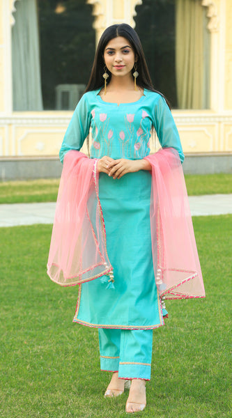 Sea Green Embroidered Suit Set with pink dupatta - Indianvirasat