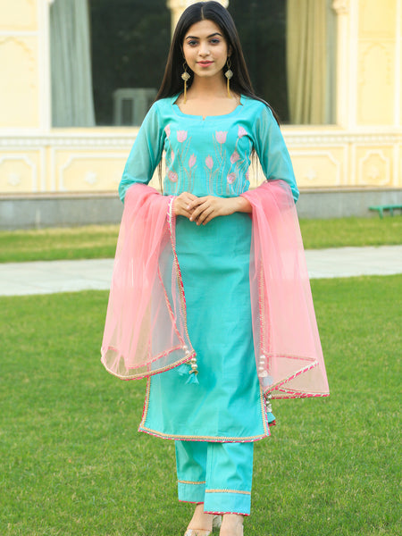 Sea Green Embroidered Suit Set with pink dupatta