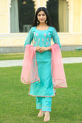 Sea Green Embroidered Suit Set with pink dupatta - Indianvirasat