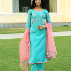 Sea Green Embroidered Suit Set with pink dupatta
