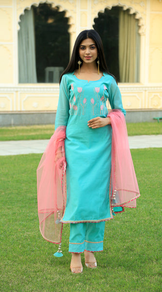 Sea Green Embroidered Suit Set with pink dupatta - Indianvirasat