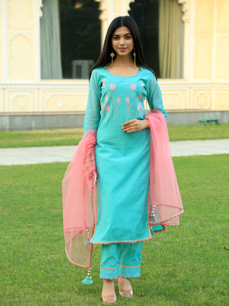 Sea Green Embroidered Suit Set with pink dupatta