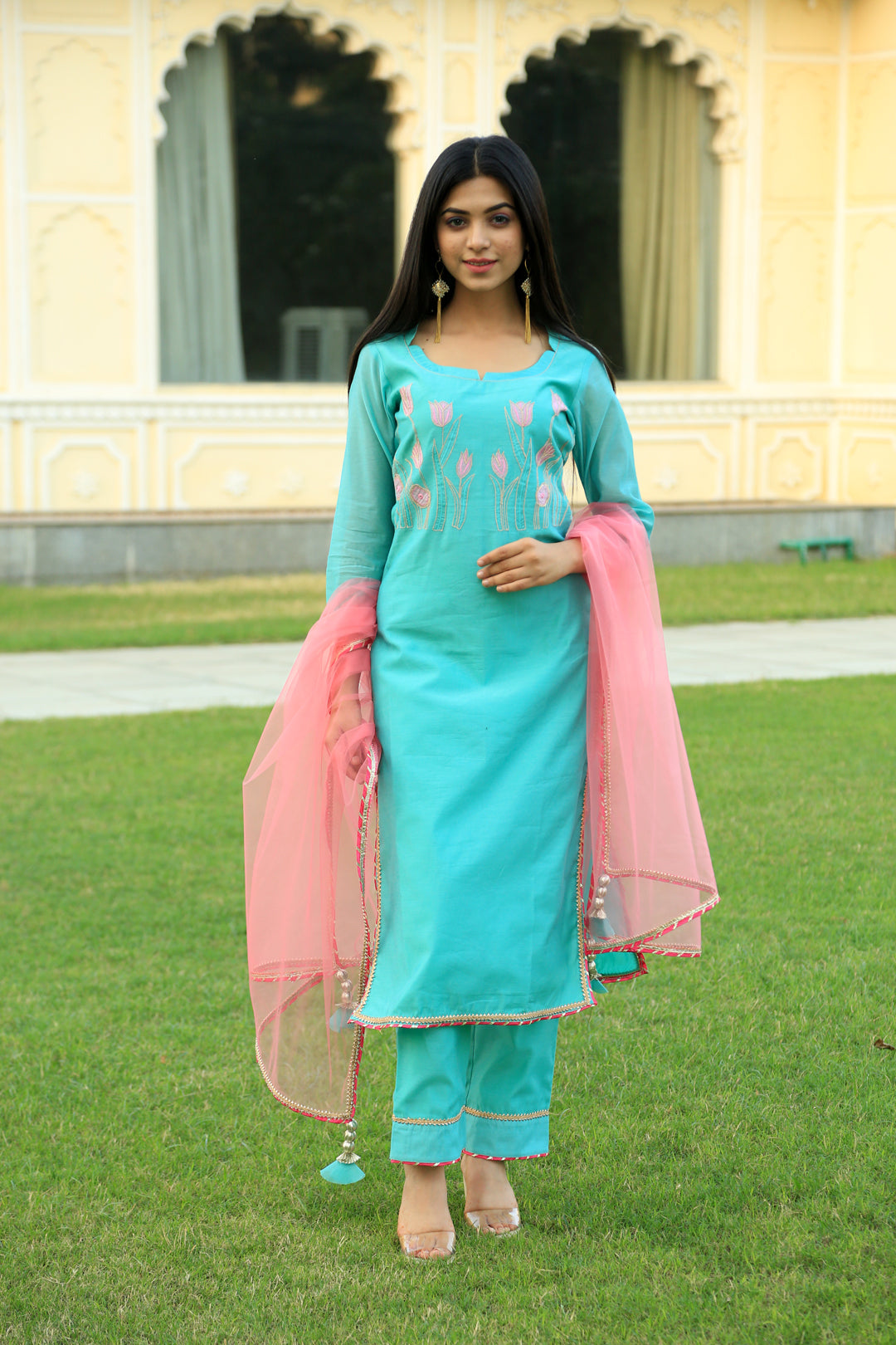 Sea Green Embroidered Suit Set with pink dupatta - Indianvirasat