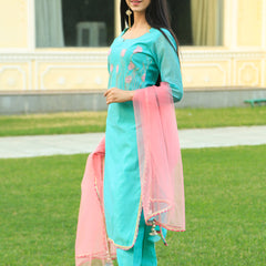 Sea Green Embroidered Suit Set with pink dupatta