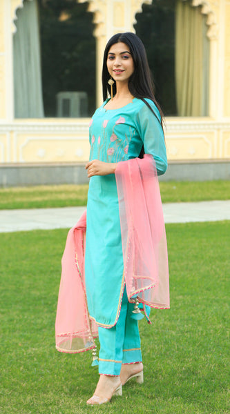 Sea Green Embroidered Suit Set with pink dupatta - Indianvirasat