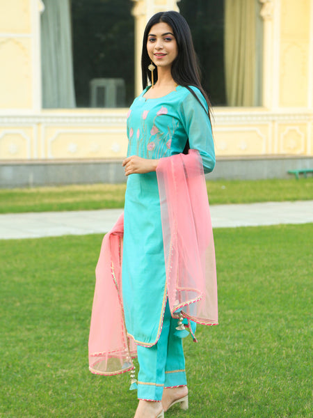 Sea Green Embroidered Suit Set with pink dupatta