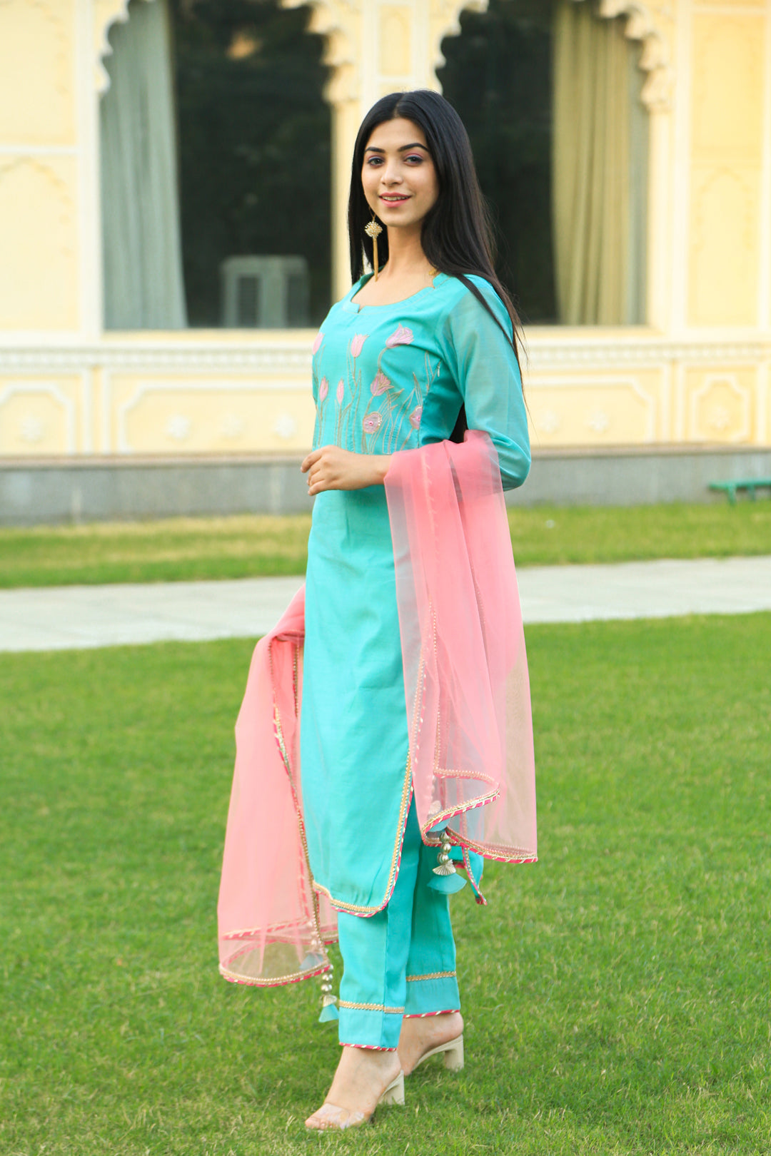 Sea Green Embroidered Suit Set with pink dupatta - Indianvirasat