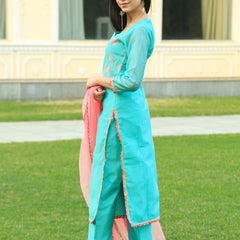 Sea Green Embroidered Suit Set with pink dupatta