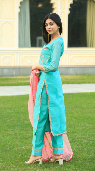 Sea Green Embroidered Suit Set with pink dupatta - Indianvirasat