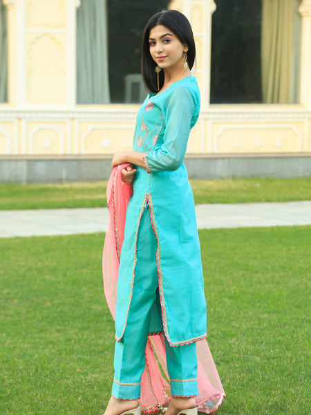 Sea Green Embroidered Suit Set with pink dupatta