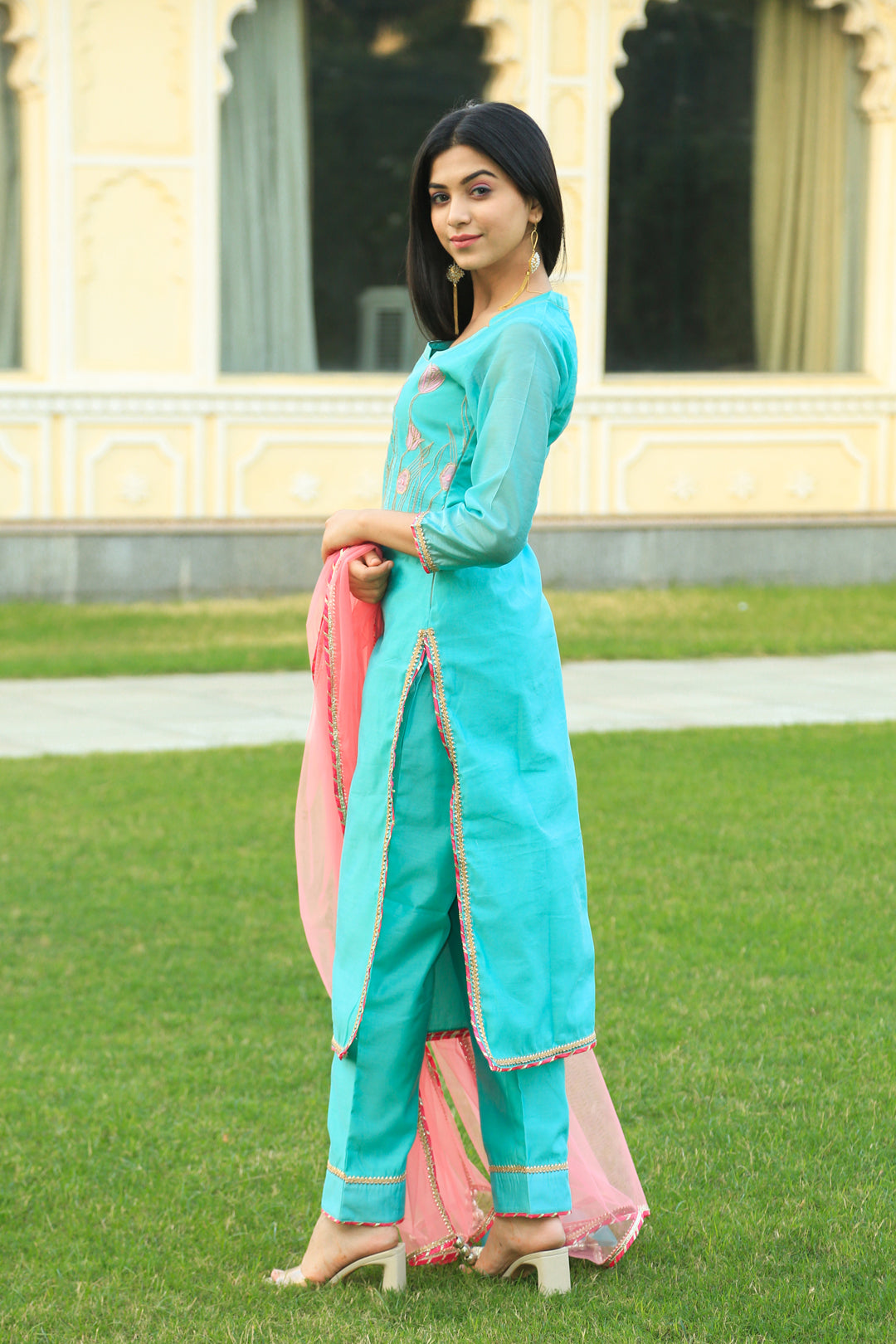 Sea Green Embroidered Suit Set with pink dupatta - Indianvirasat