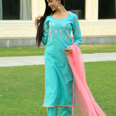 Sea Green Embroidered Suit Set with pink dupatta