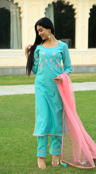 Sea Green Embroidered Suit Set with pink dupatta - Indianvirasat