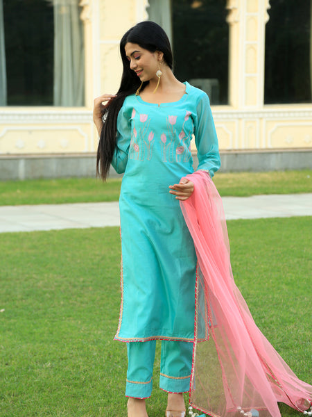 Sea Green Embroidered Suit Set with pink dupatta