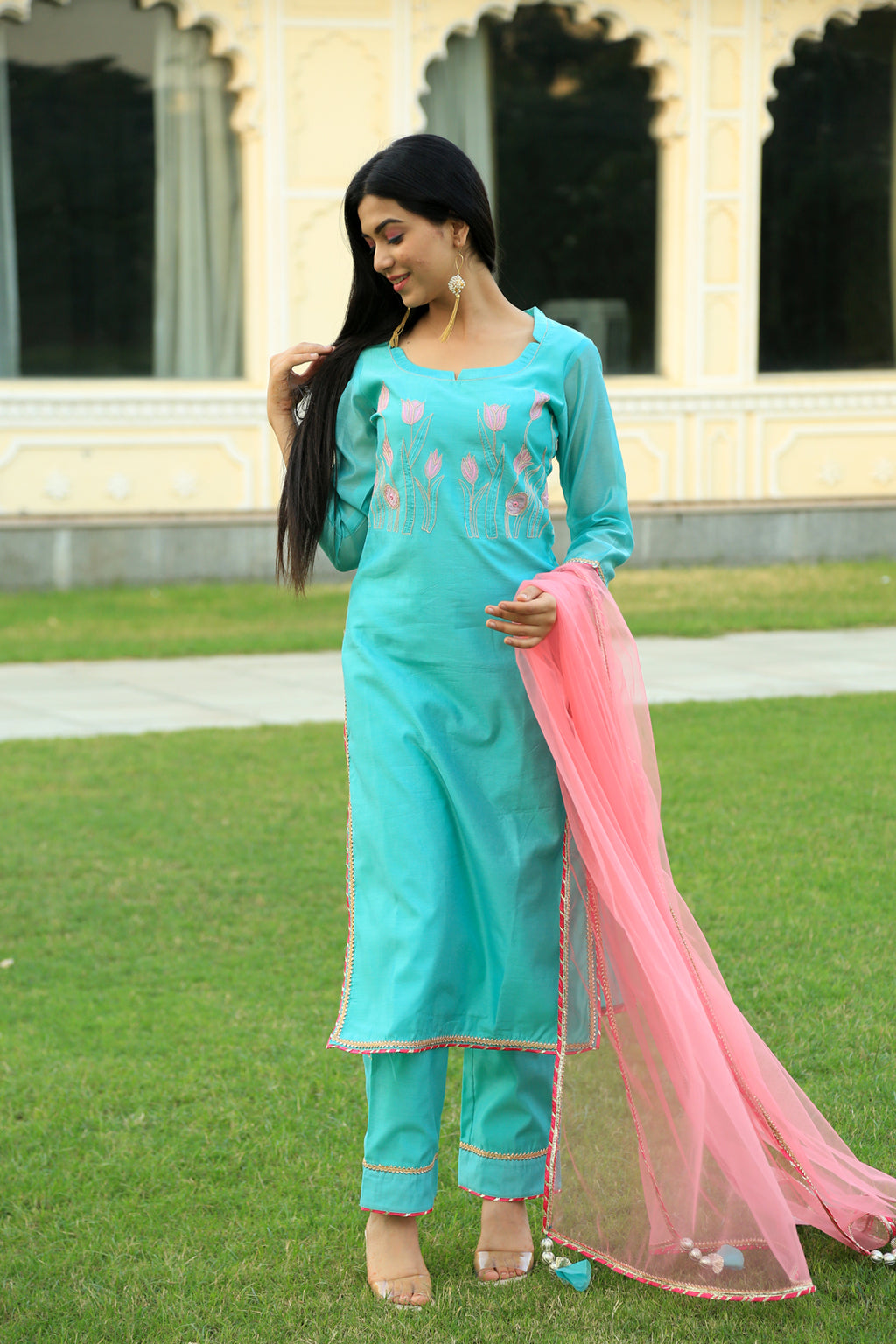 Sea Green Embroidered Suit Set with pink dupatta - Indianvirasat