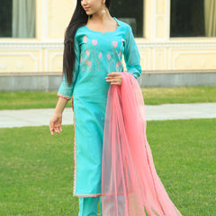 Sea Green Embroidered Suit Set with pink dupatta