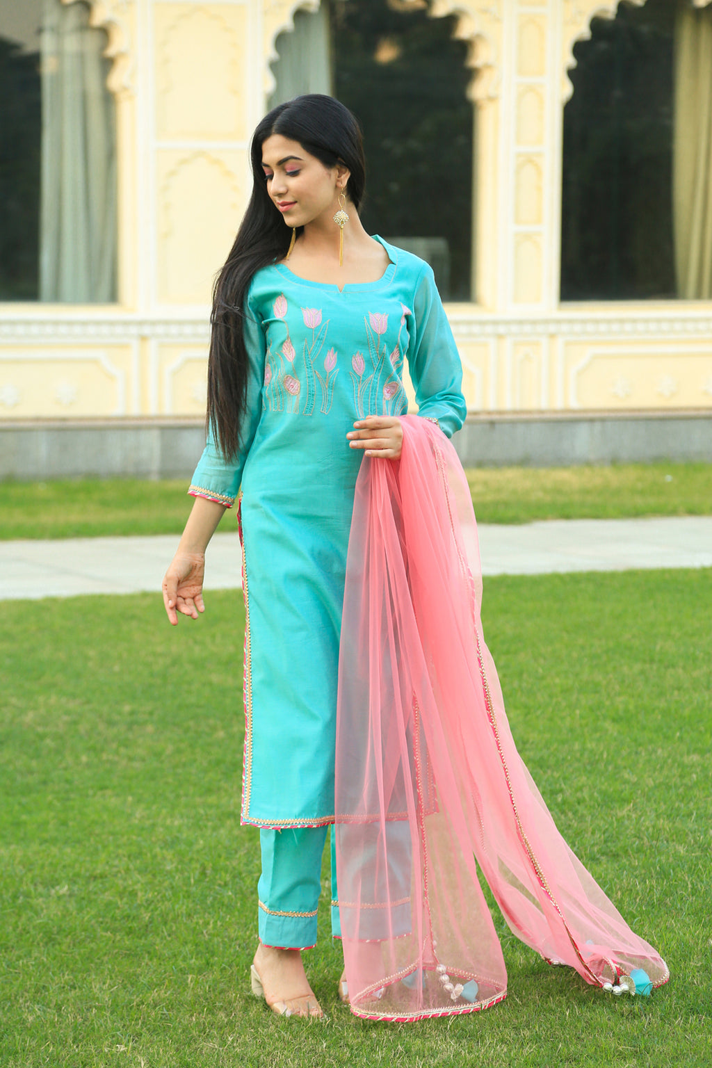Sea Green Embroidered Suit Set with pink dupatta - Indianvirasat