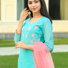 Sea Green Embroidered Suit Set with pink dupatta