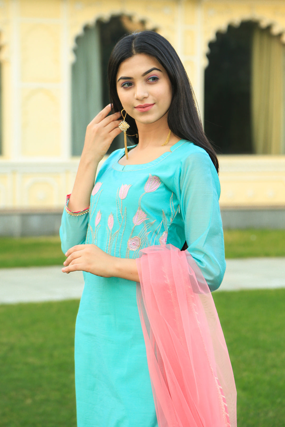 Sea Green Embroidered Suit Set with pink dupatta - Indianvirasat