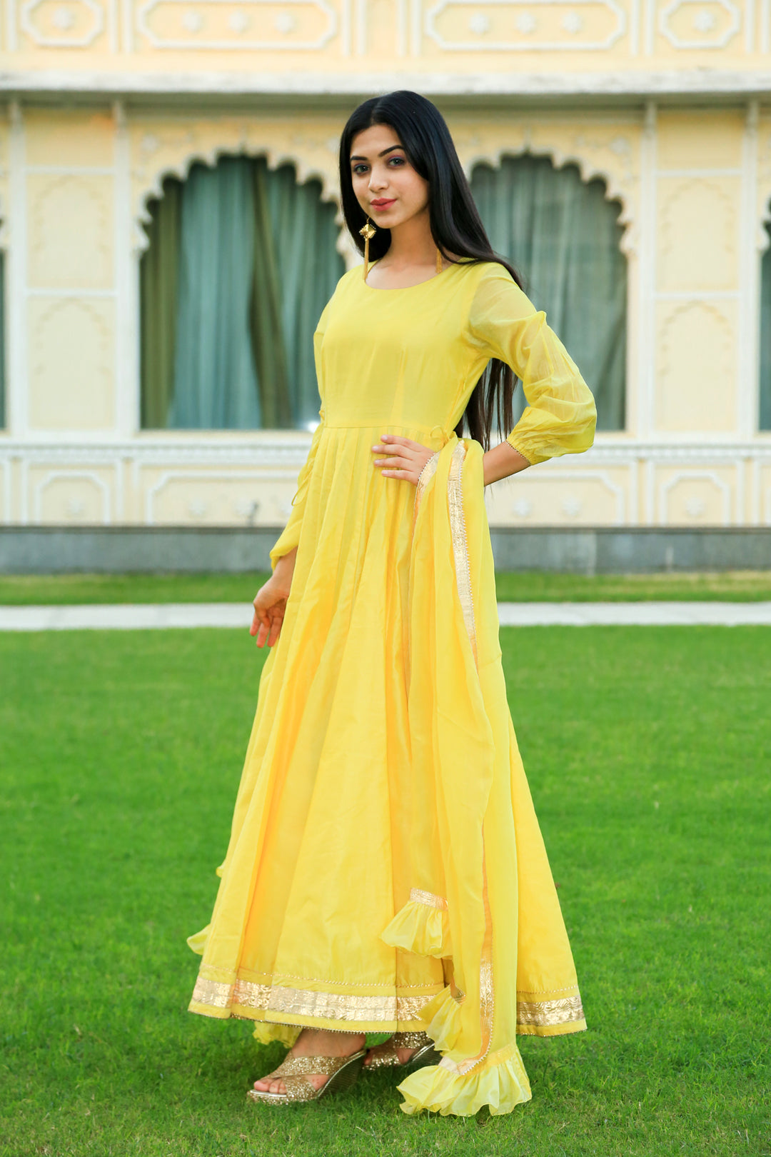 Women's Yellow & Pink Silk Anarkali Gown With Banarsi Dupatta (2Pcs Set) -  Saras The Label | Gowns, Silk gown, Silk anarkali